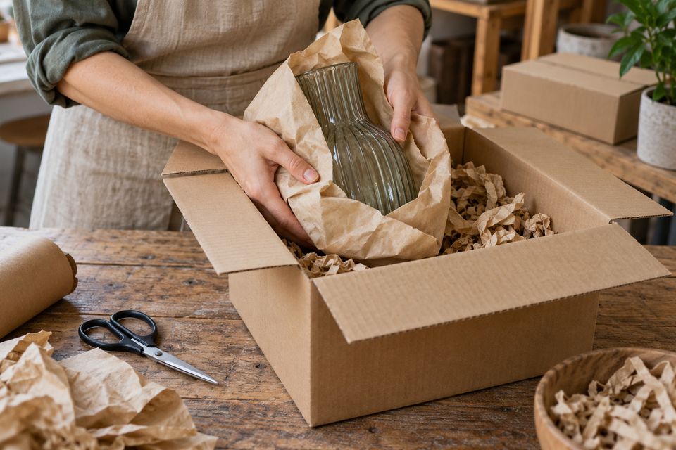 Dłonie pakują wazon w papier do kartonu z wypełniaczem z recyklingu Dłonie pakują wazon w papier do kartonu z wypełniaczem z recyklingu