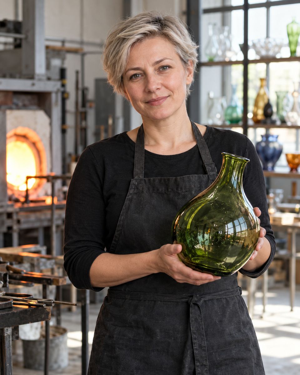 Anna Wójcik w fartuchu, trzyma zielony szklany wazon Anna Wójcik w fartuchu, trzyma zielony szklany wazon